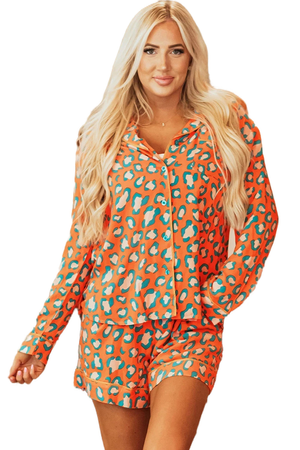 Orange Leopard Print Long Sleeve Shirt and Shorts Pajama Set