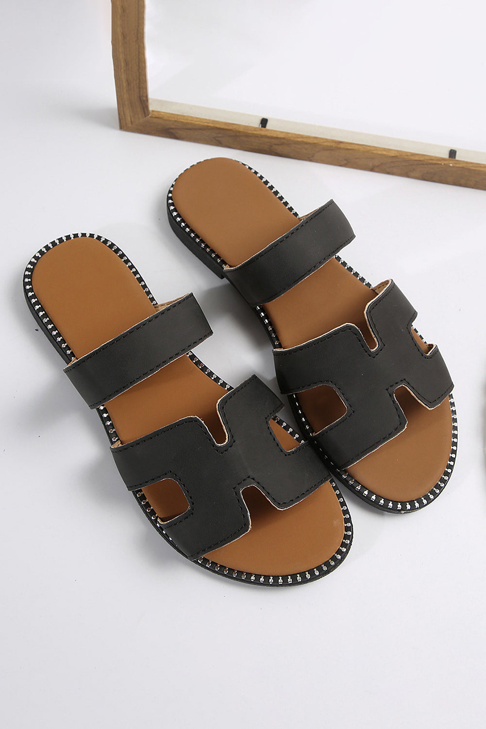 Black Cut Out H Shape Band PU Leather Sandals