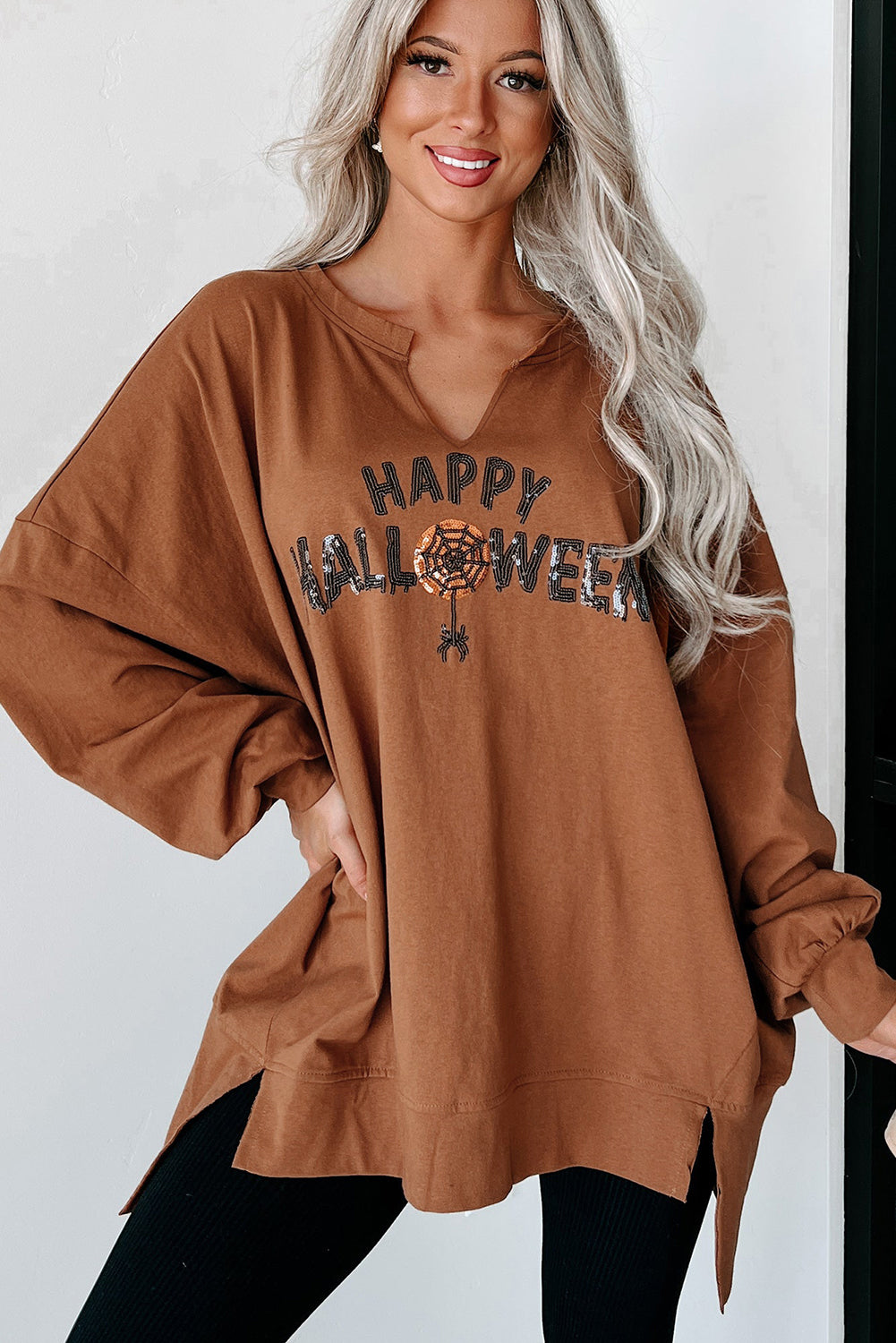 Chestnut Sequin Happy Halloween Graphic Notched Neck Long Sleeve Loose Top