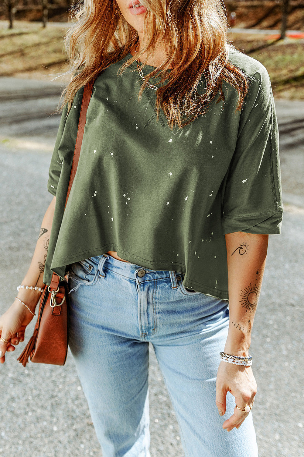 Green Distressed Bleached Asymmetric Hem Short Sleeve Top