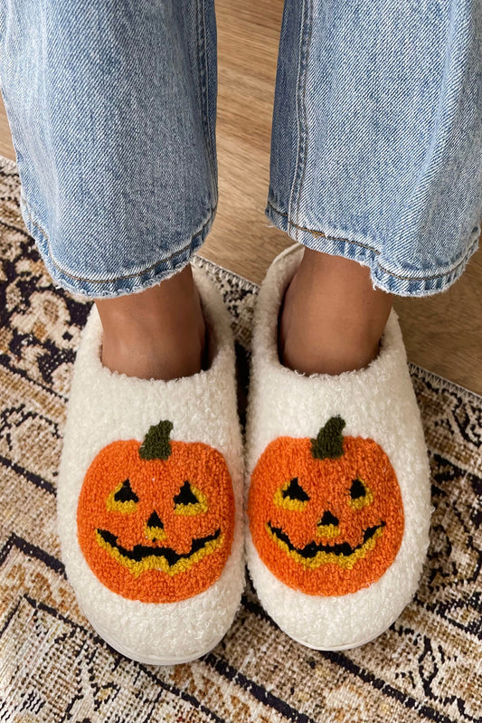 White Halloween Pumpkin Print Slippers