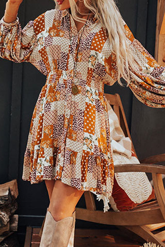 Orange Boho Floral Puff Sleeve Smocked Waist Mini Shirt Dress