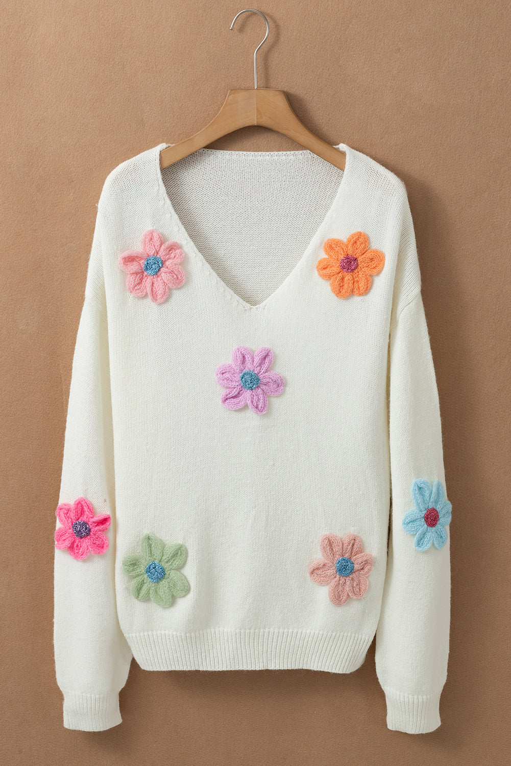 White Crochet Flower V Neck Sweater