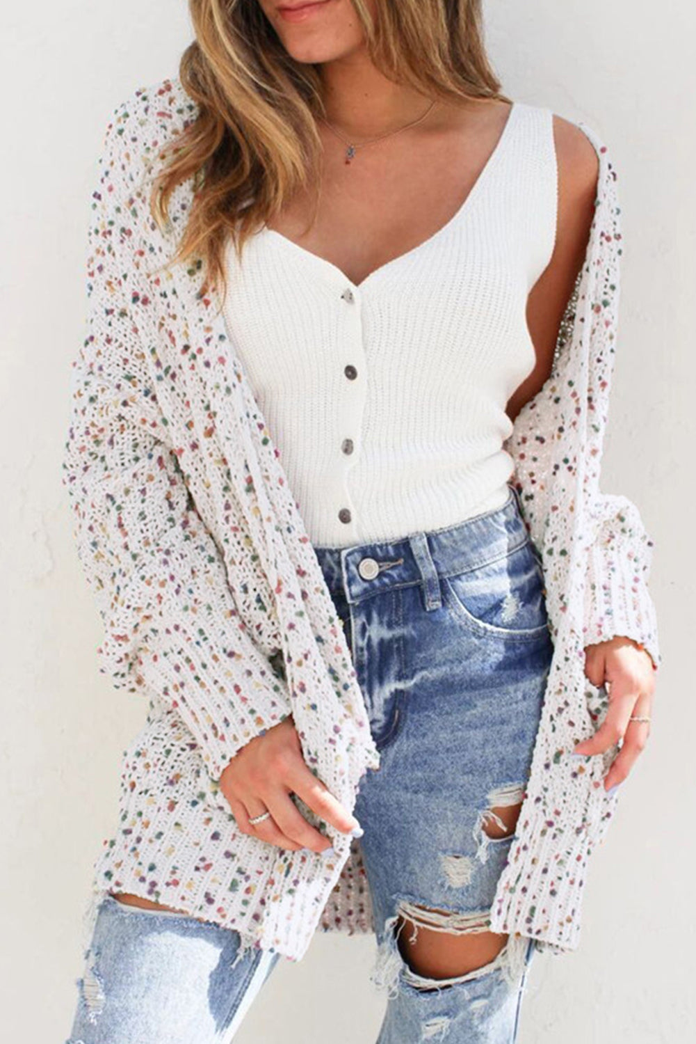 White Multicolor Dotted Rib Knit Long Sleeve Cardigan