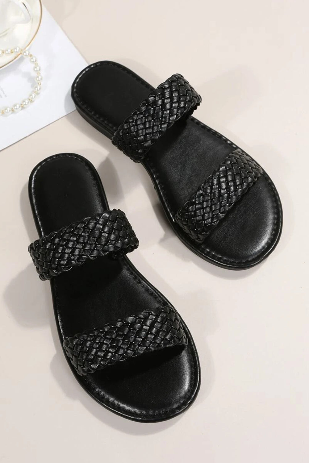 Black Braided Double Band Leathered Flat Sandals