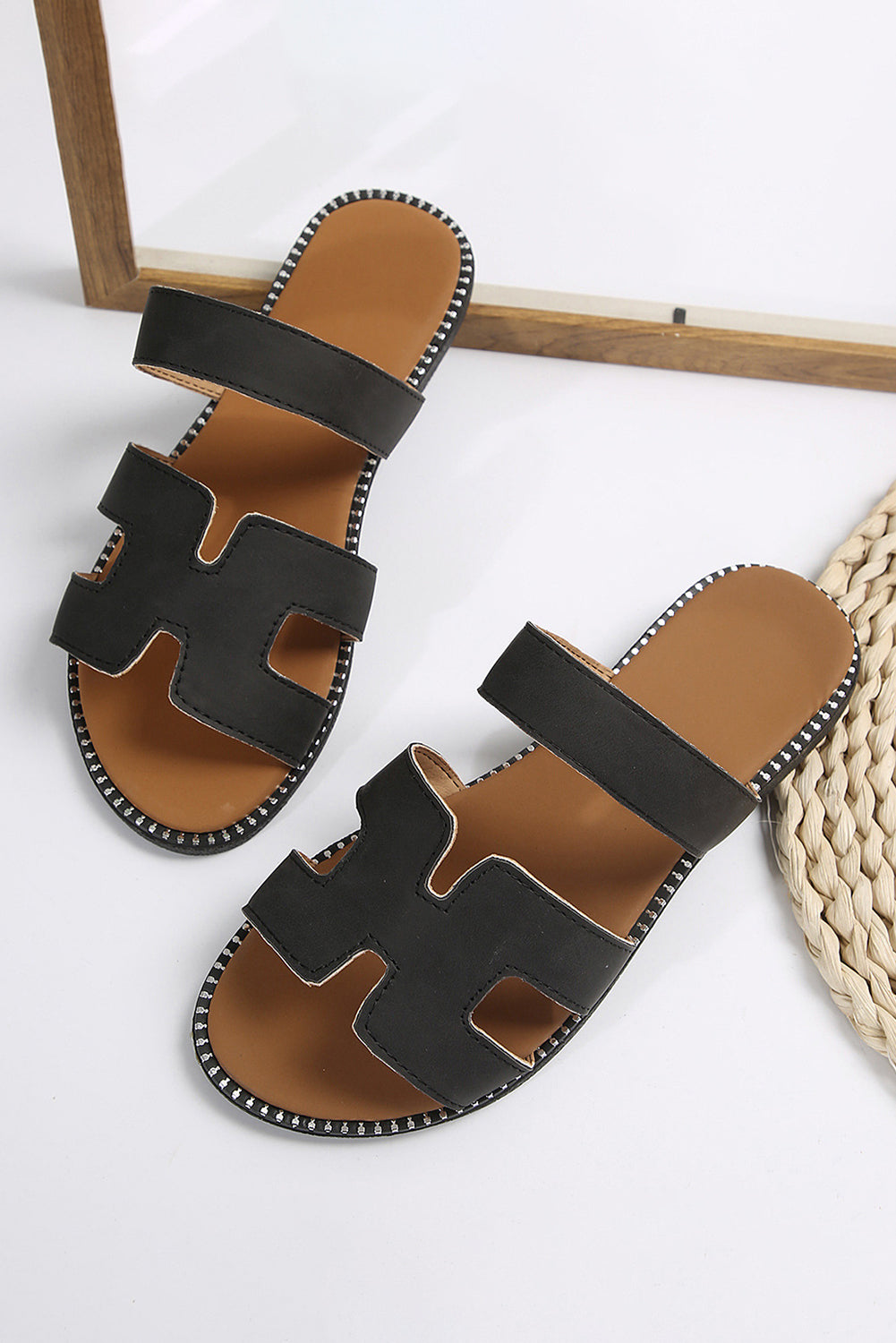 Black Cut Out H Shape Band PU Leather Sandals