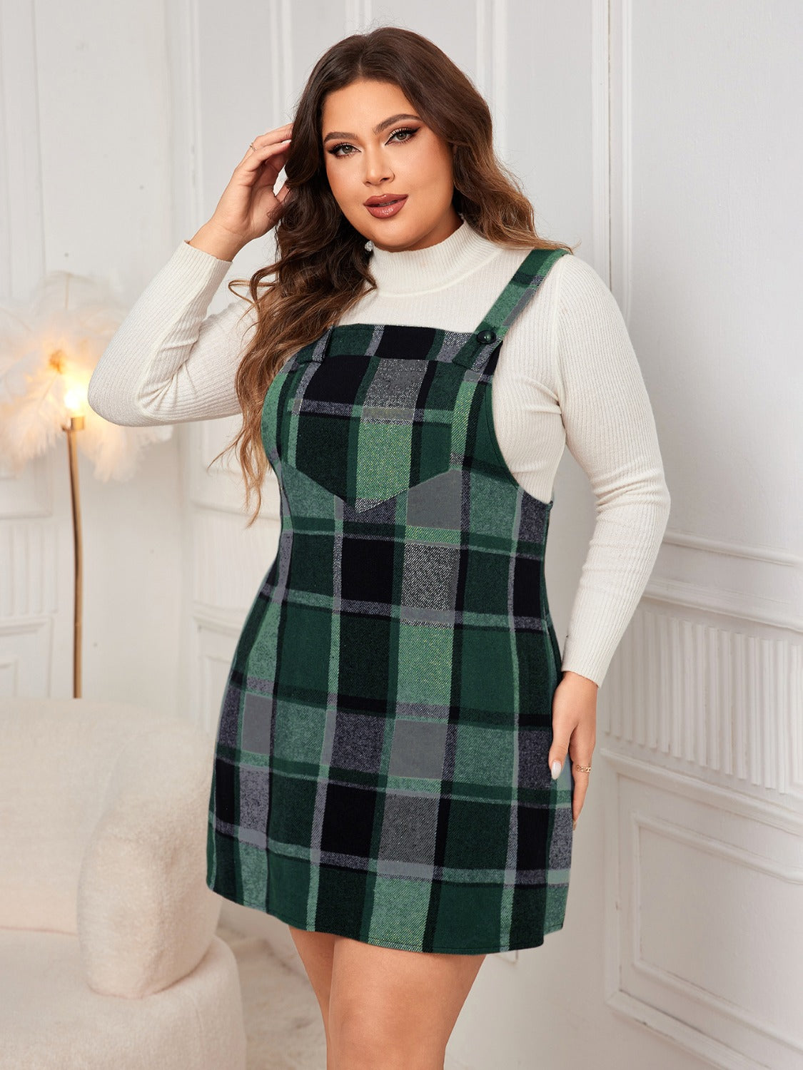 Plus Size Plaid Wide Strap Overall Dress