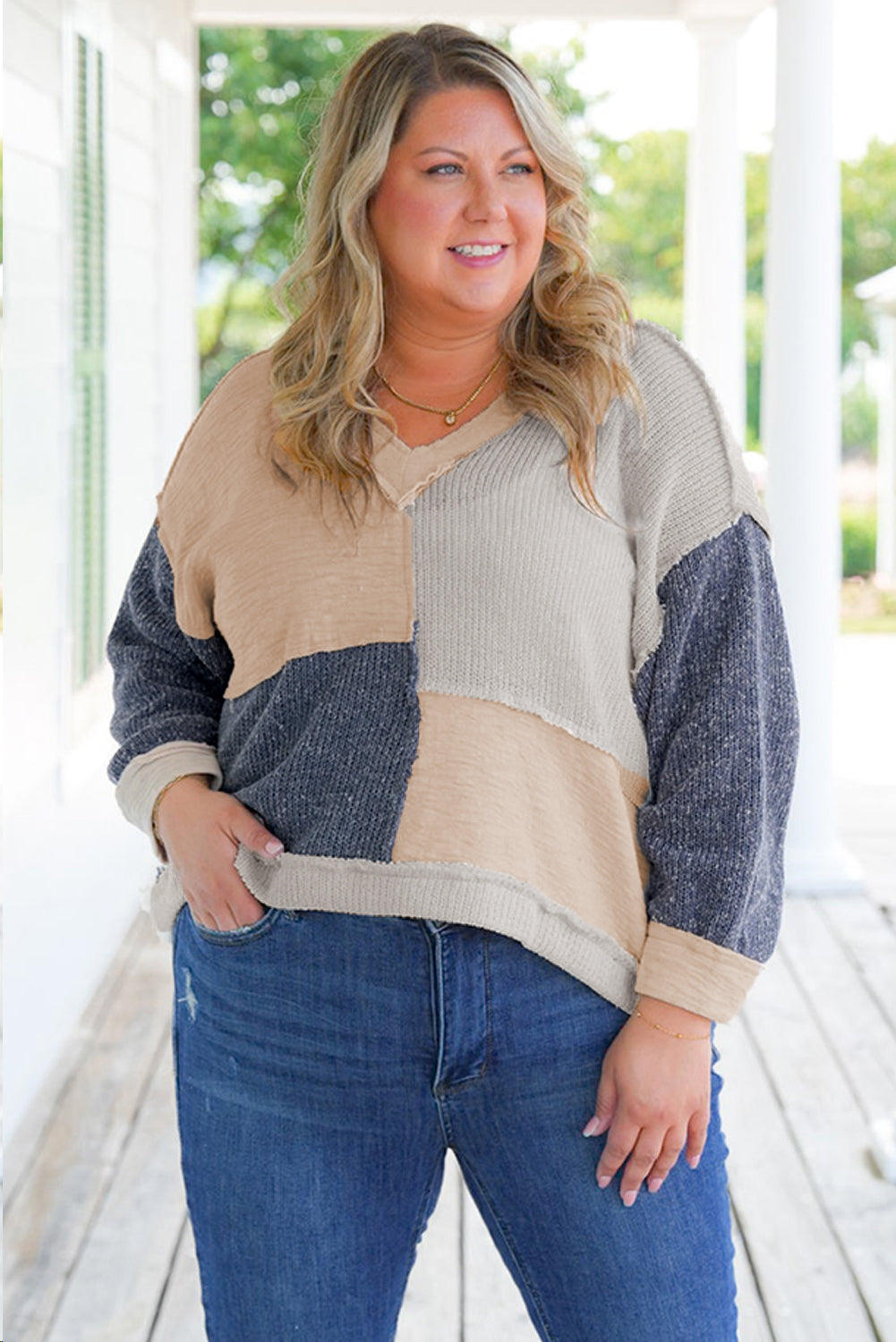 Ashleigh Blue Plus Size Textured Colorblock Patchwork V Neck Top