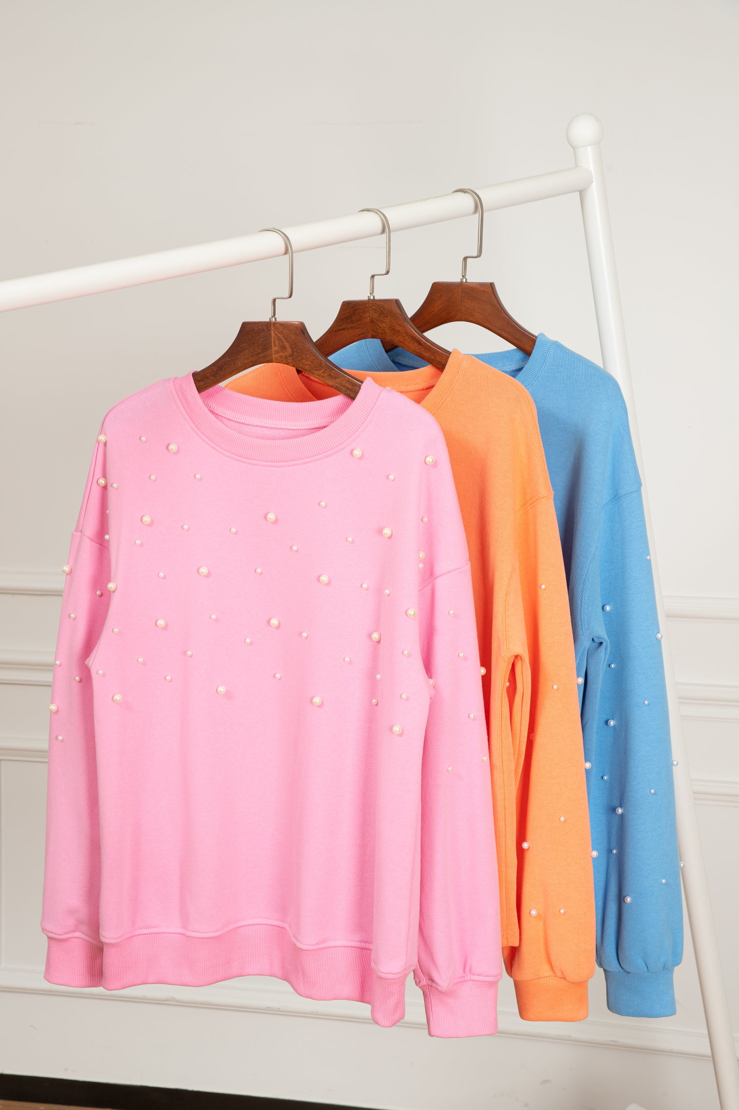 Blossom Pearled Sleeves Drop Shoulder Round Neck Pullover Sweatshirt