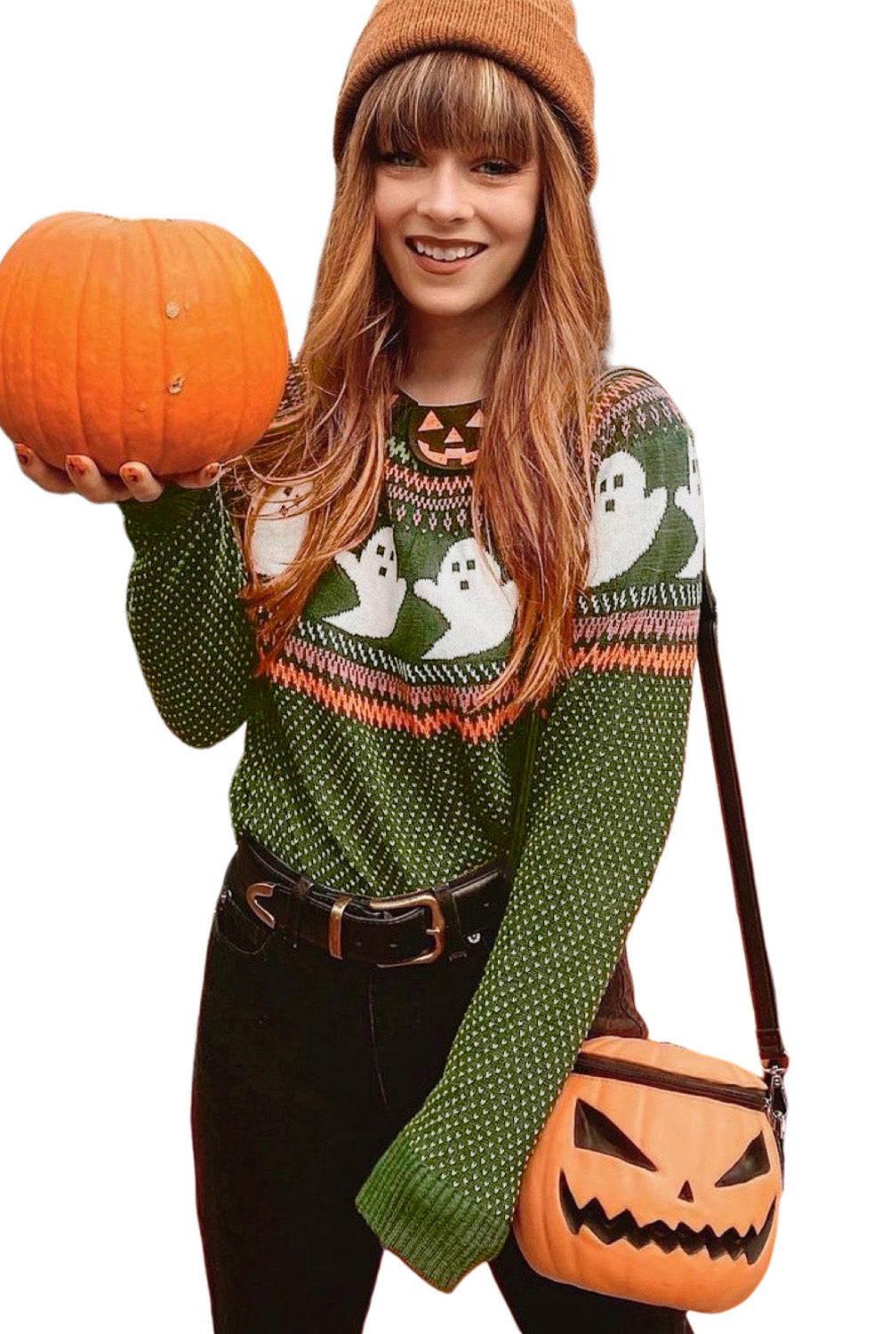 Jungle Green Halloween Ghost Pattern Drop Shoulder Sweater