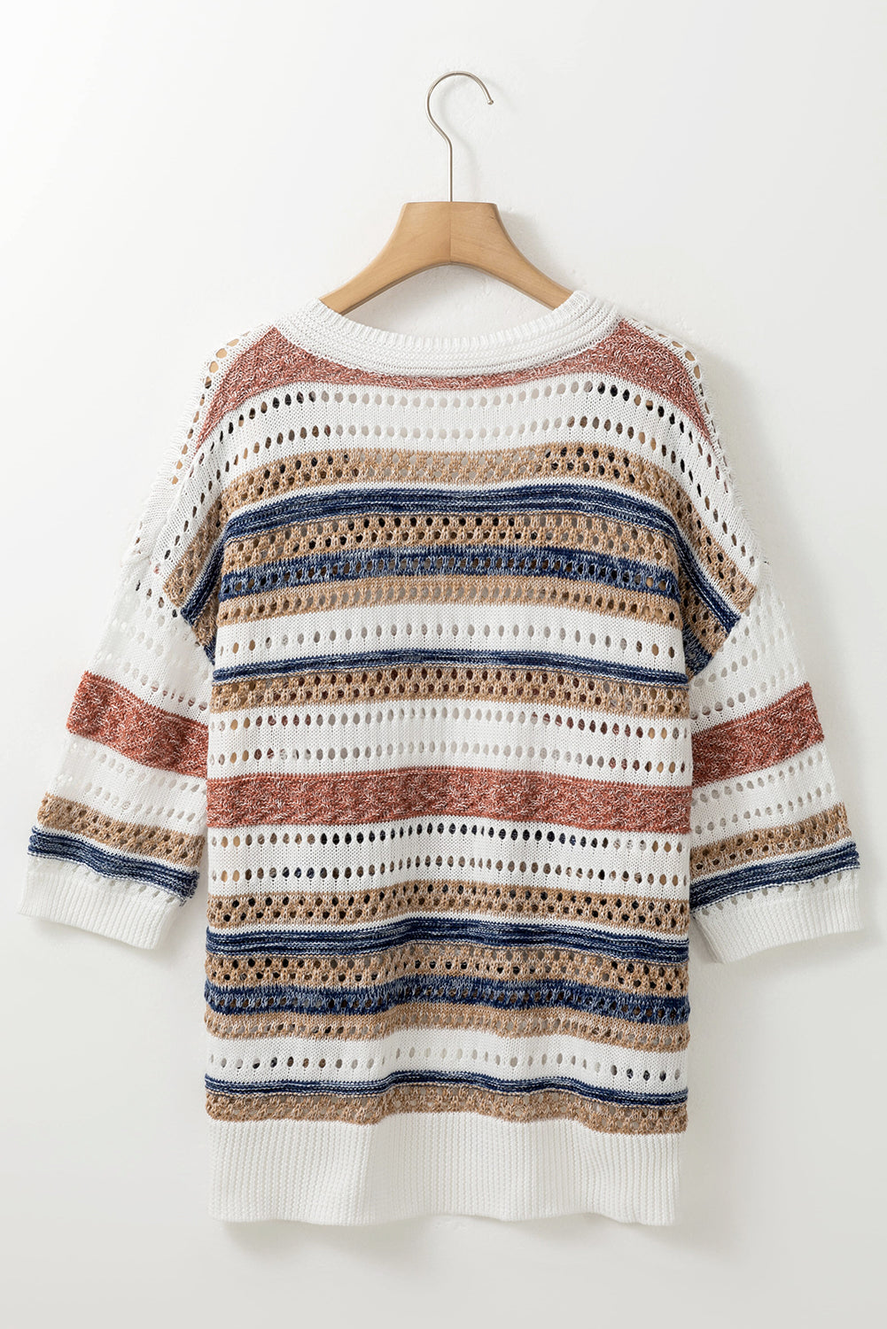 Multicolour Striped Hollow Out Half Sleeve Knitted Sweater