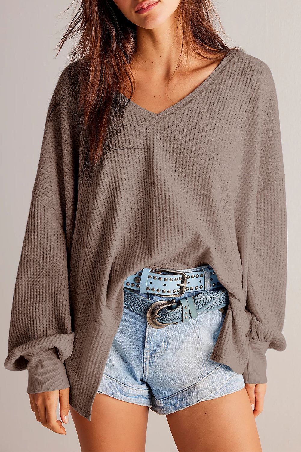 Coffee Waffle V Neck Long Sleeve Drop Shoulder Loose Blouse