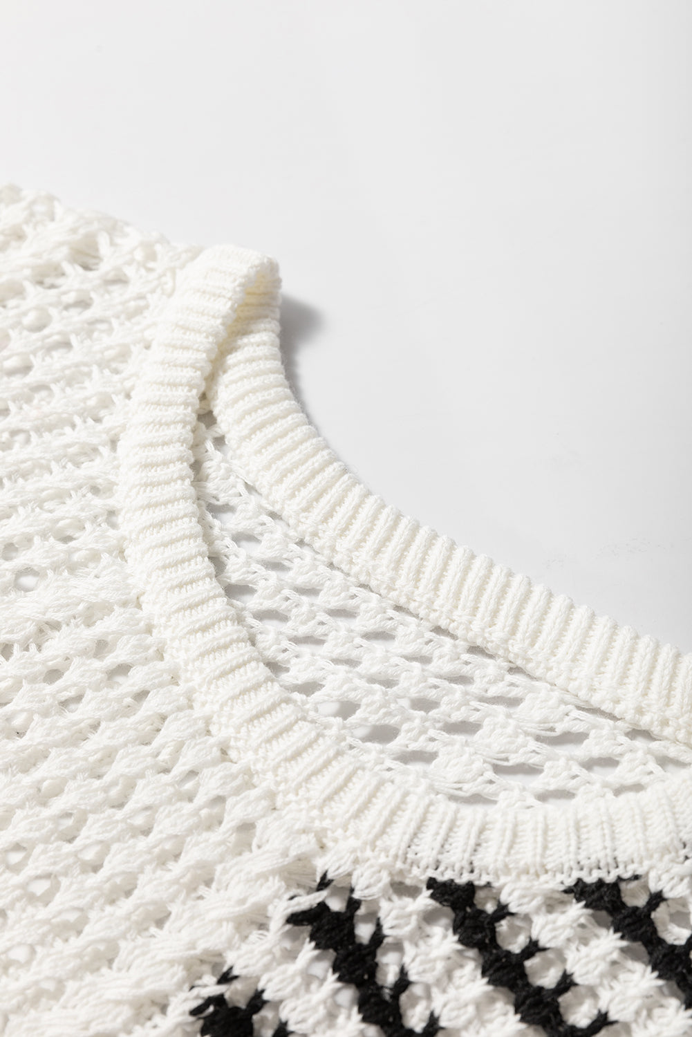 White Stripe Hollow-out Openwork Knit Puff Sleeve Sweater