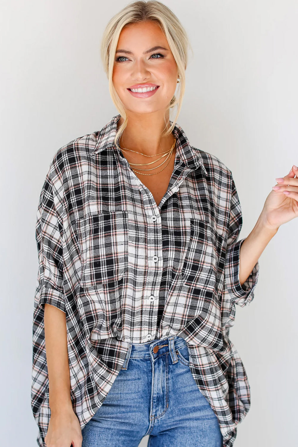 Black Plaid Print Chest Pockets Oversize Shirt