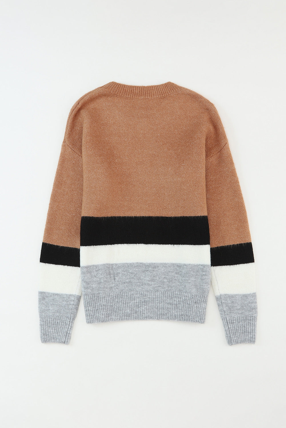 Brown Color Block Striped Ribbed Knit Sweater