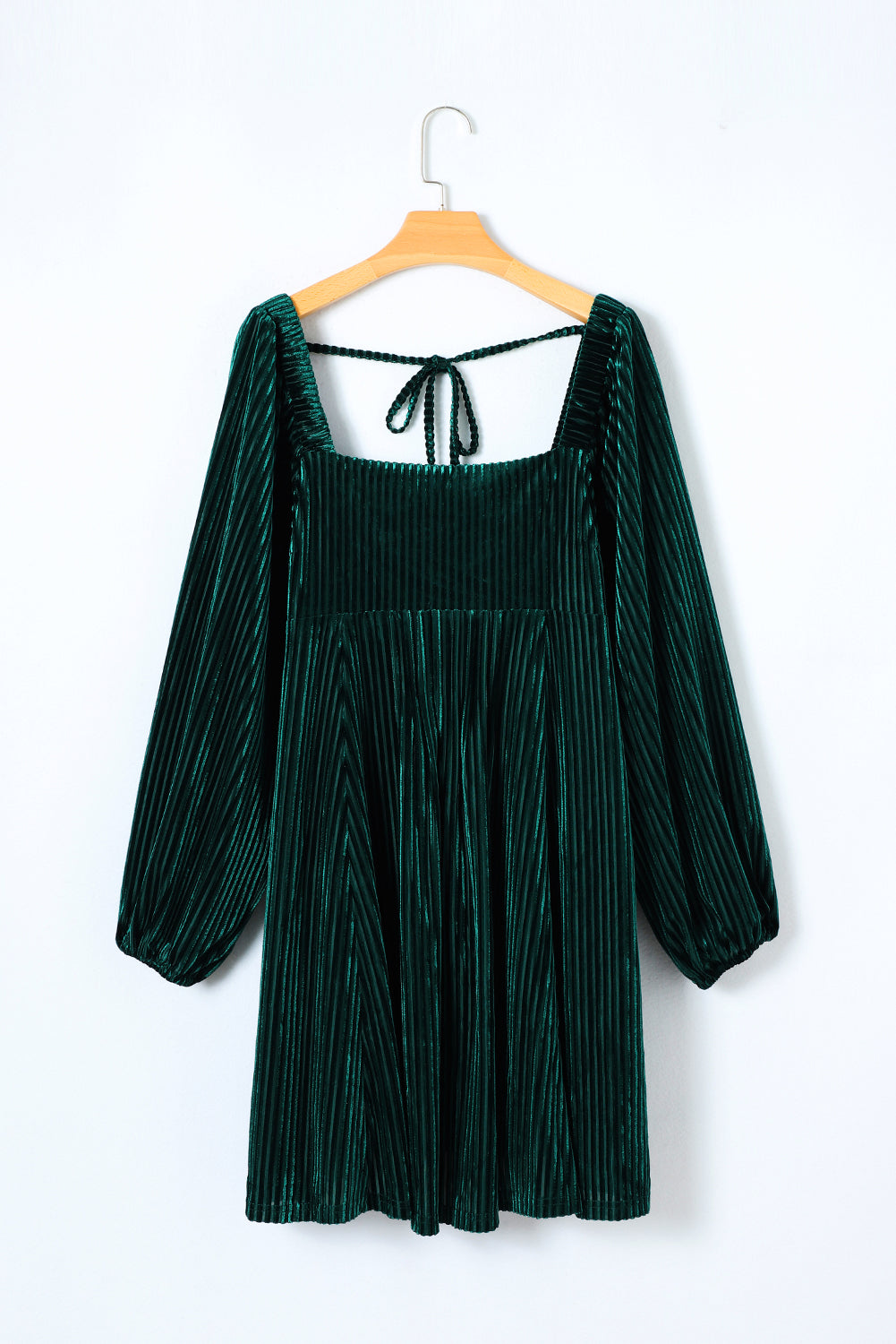 Green Tie Back Square Neck Velvet Babydoll Dress