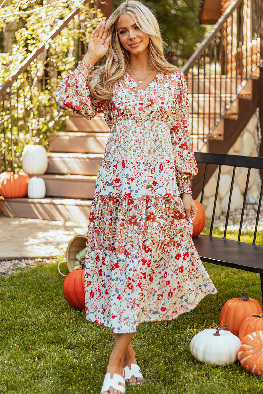 Clara Khaki Floral Print Ruffled Tiered Long Sleeve V Neck Midi Dress