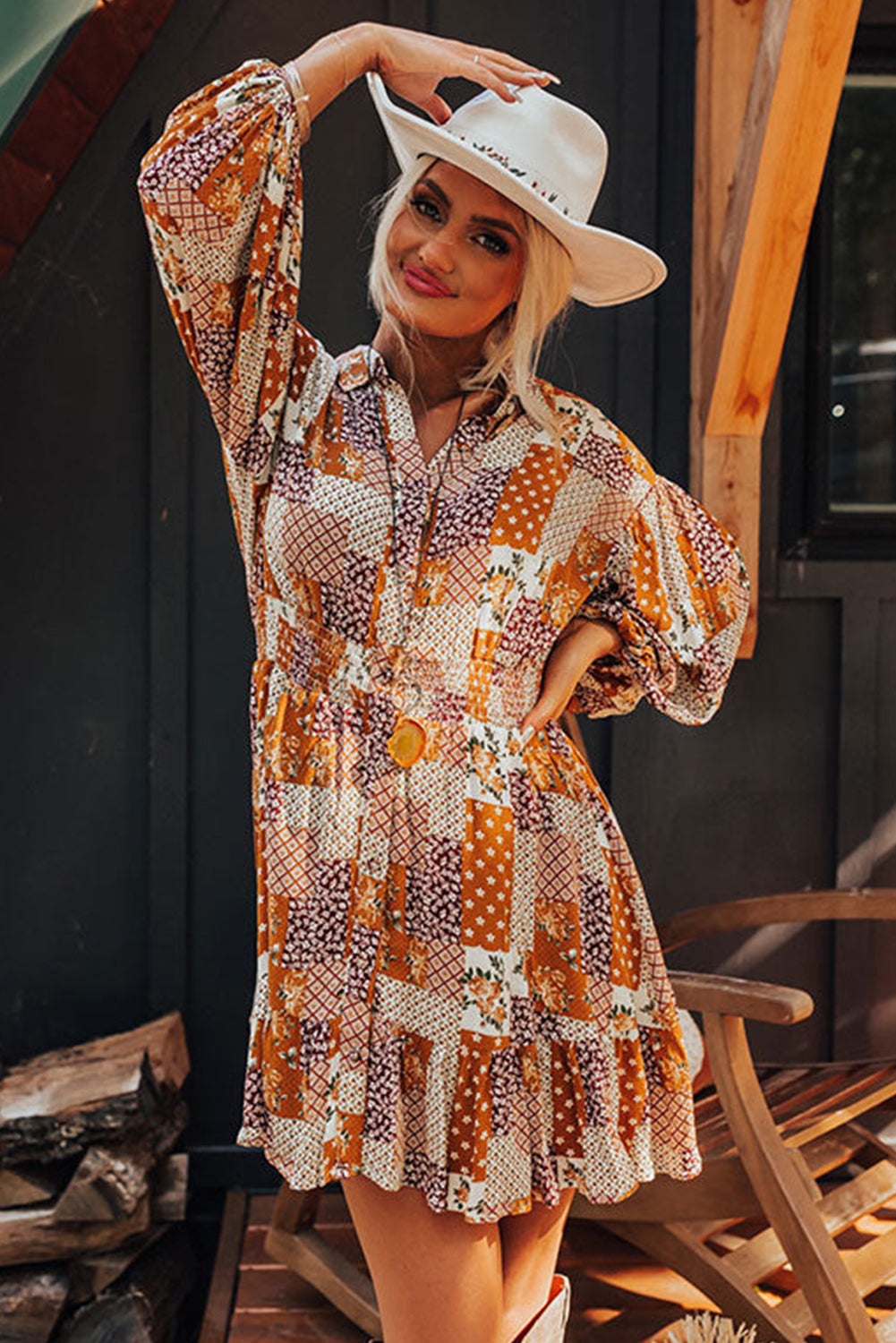 Orange Boho Floral Puff Sleeve Smocked Waist Mini Shirt Dress