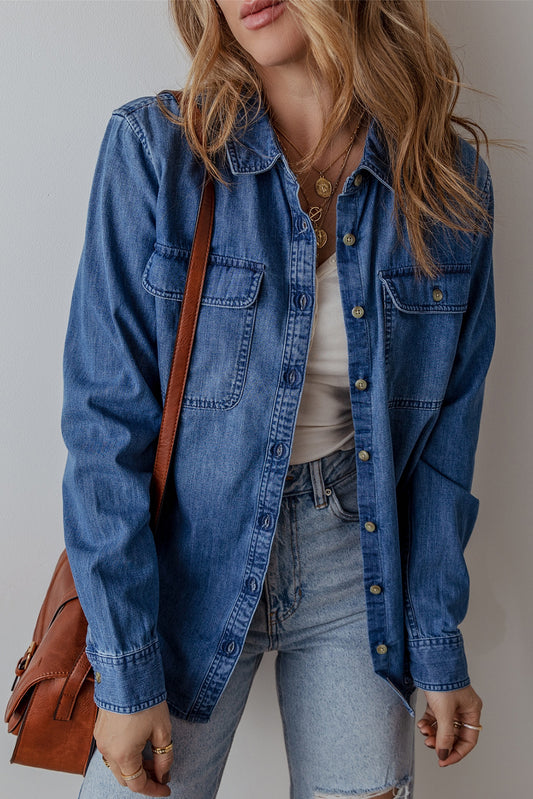 Sky Blue Flap Pocket Button Up Denim Shacket