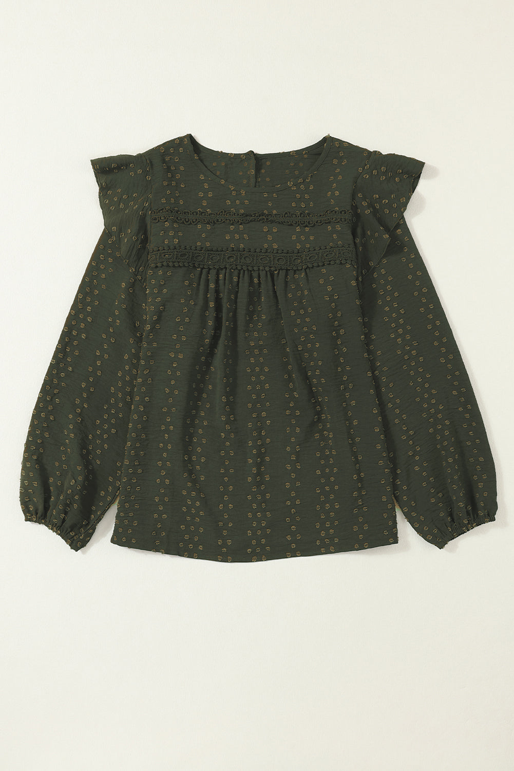 Blackish Green Lace Eyelet Ruffle Shoulder Long Sleeve Blouse