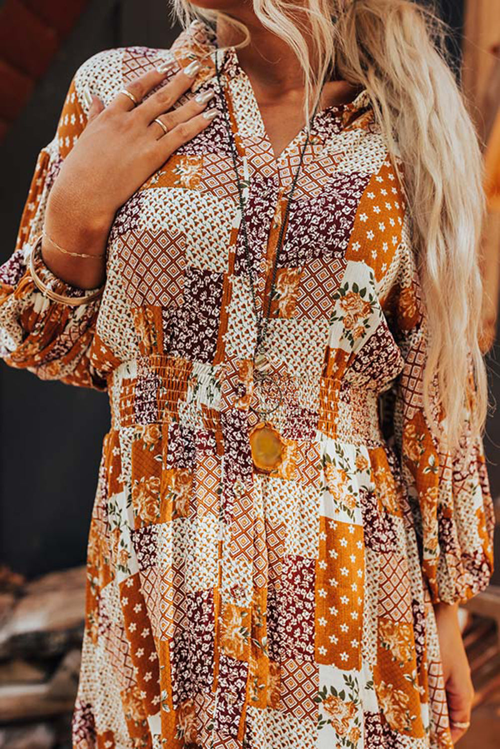 Orange Boho Floral Puff Sleeve Smocked Waist Mini Shirt Dress