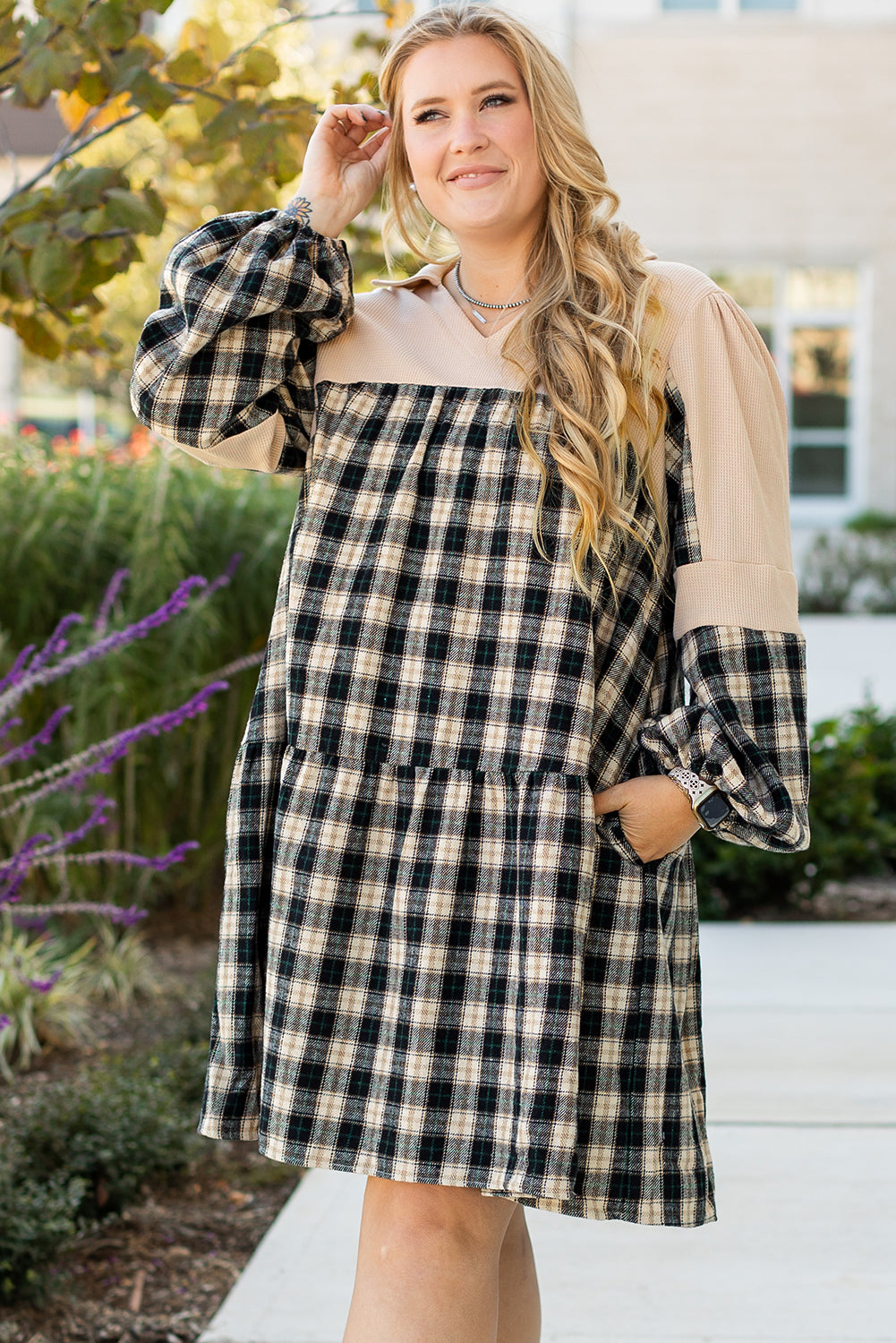 Black Plaid Waffle Knit Patchwork Collared V Neck Plus Size Mini Dress