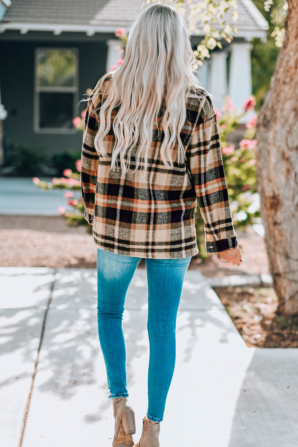 Orange Geometric Plaid Print Pocketed Shacket