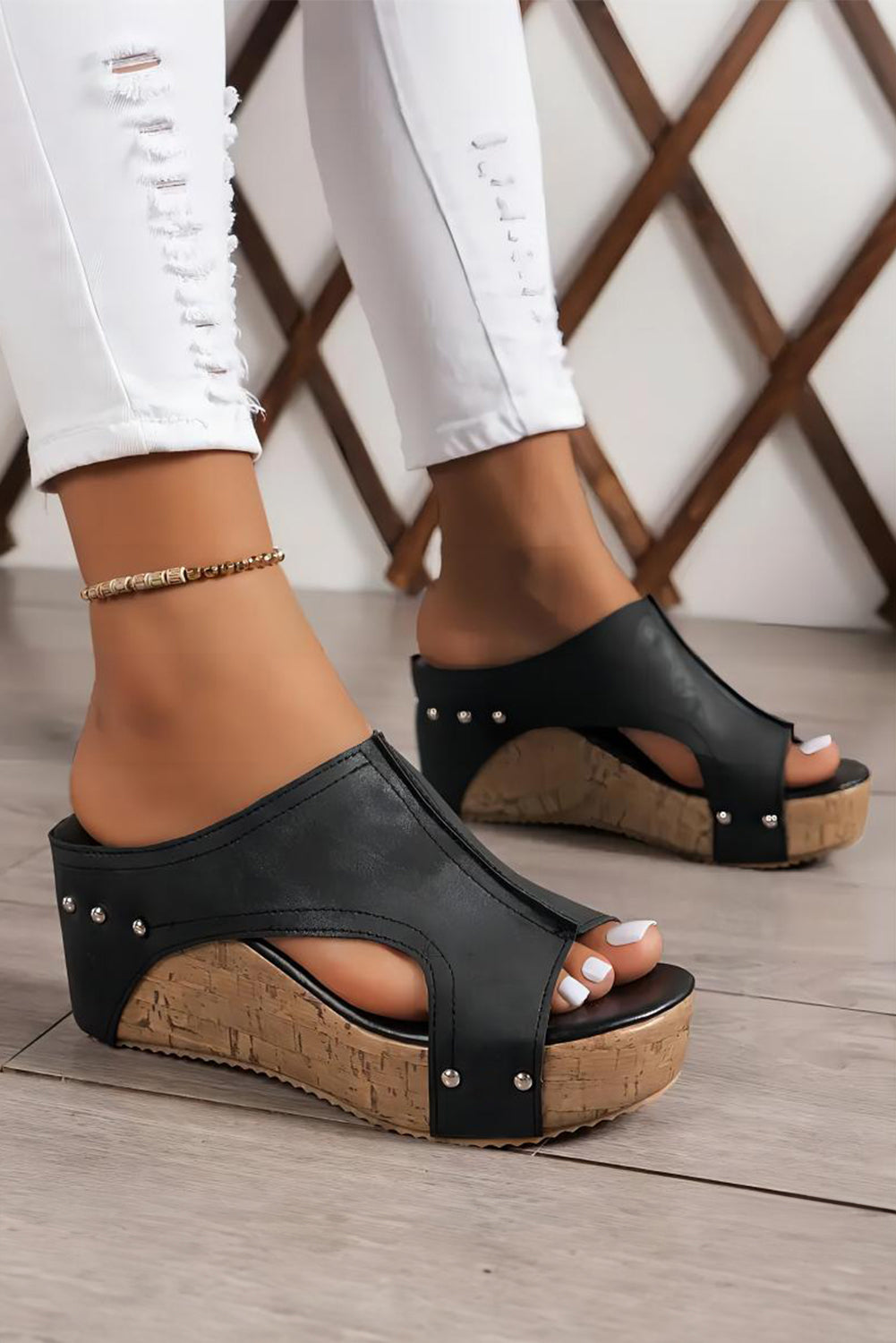 Black Hollow Out Studded PU Leather Wedge Sandals