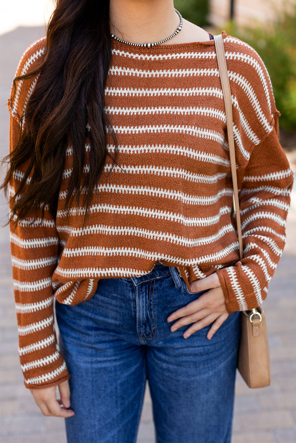 Brown Stripe Drop Shoulder Casual Sweater