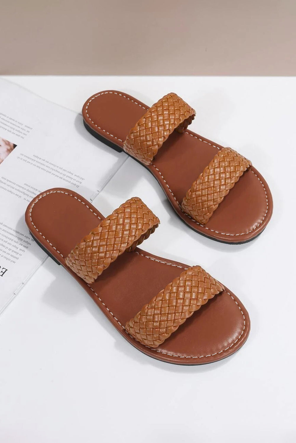 Chestnut Braided Double Band Leathered Flat Sandals