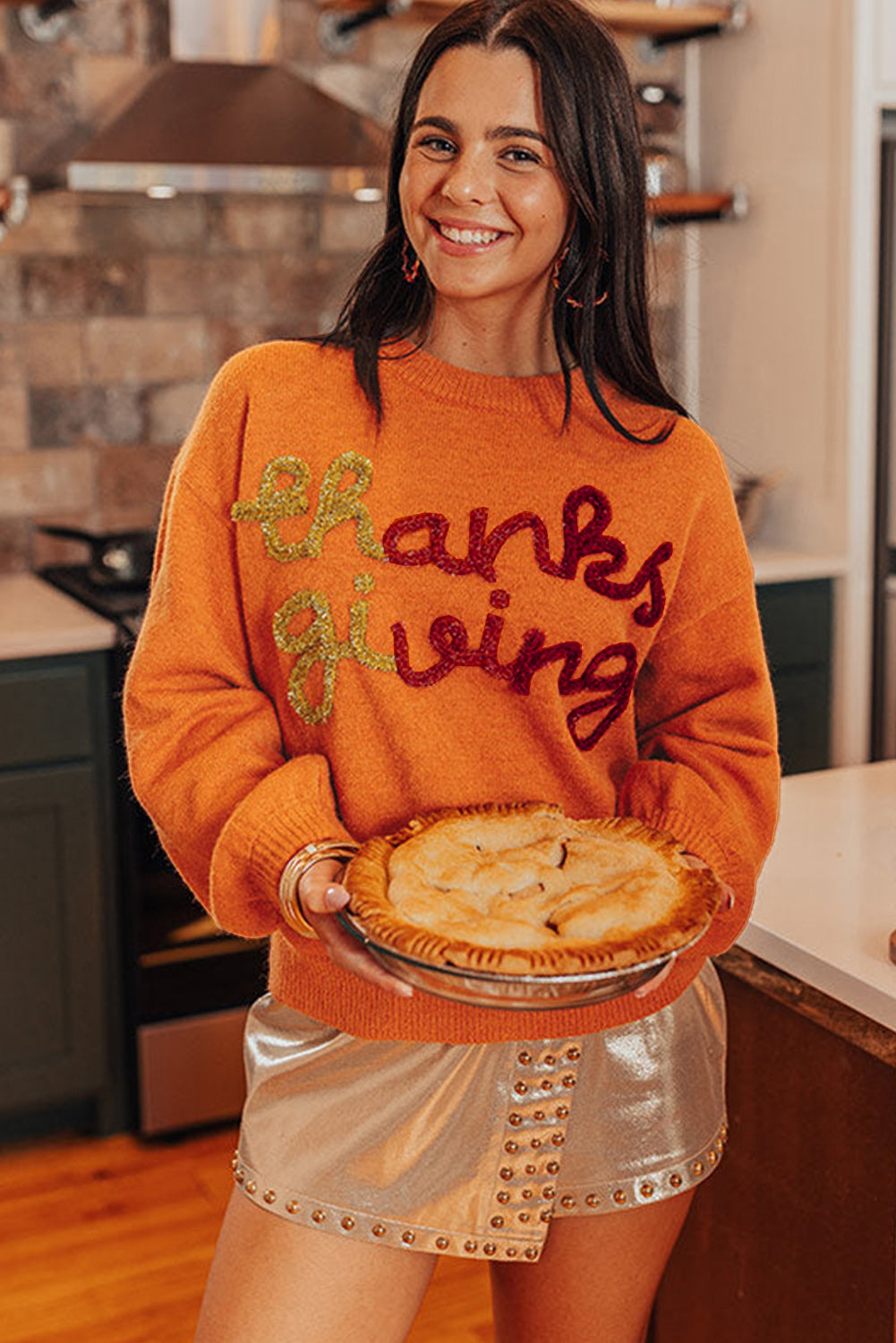 Russet Orange Thanksgiving Tinsel Drop Shoulder Crew Neck Sweater