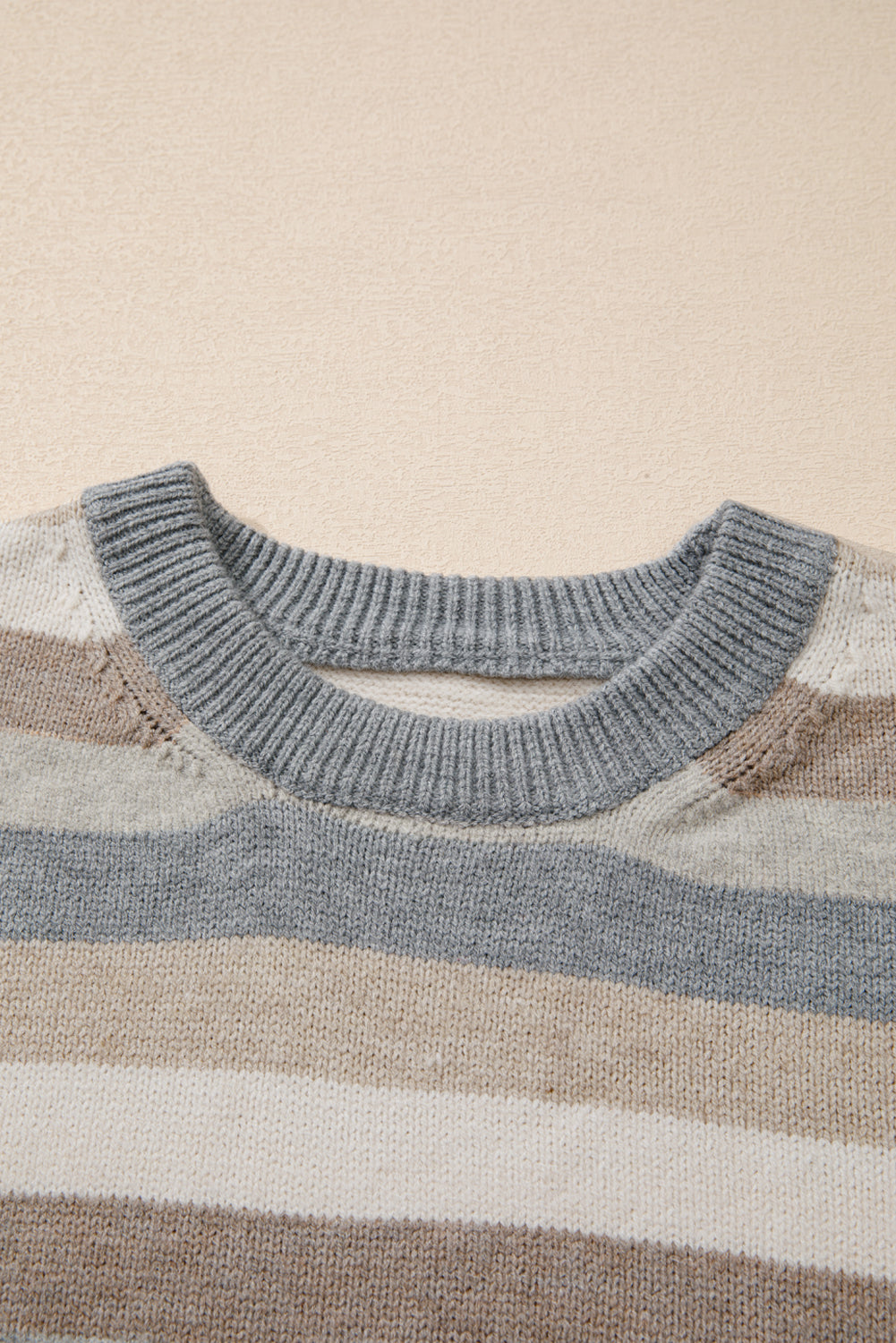 Gray Stripe Color Block Ribbed Edge Round Neck Sweater