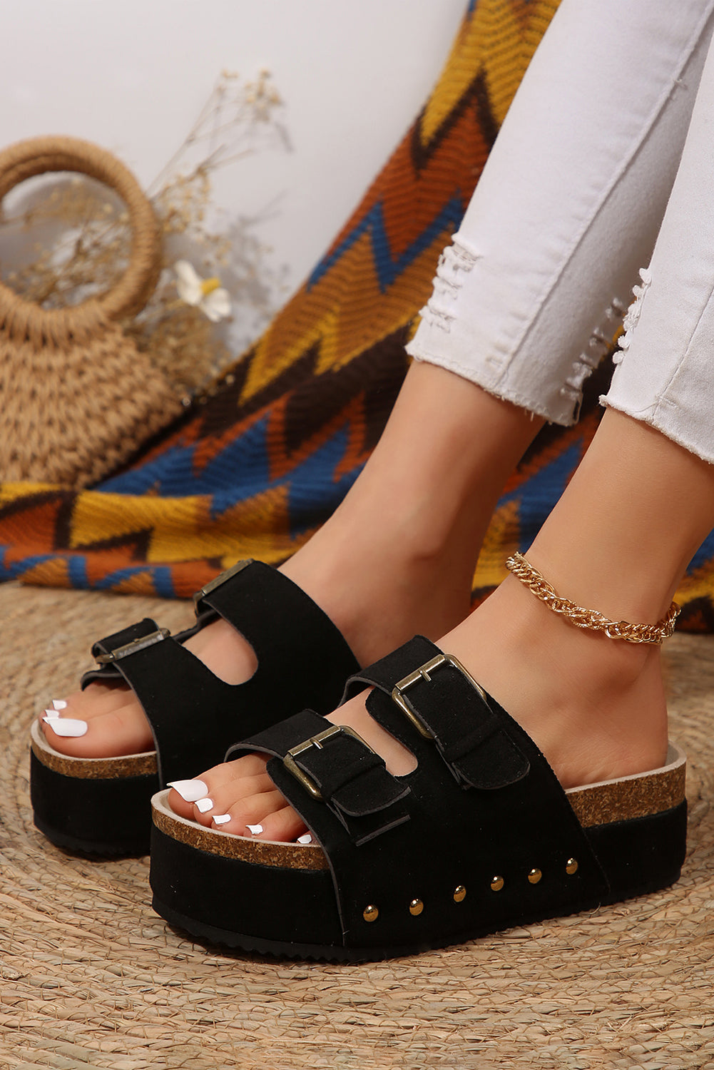 Black Suede Buckle Decor Footbed Sandals