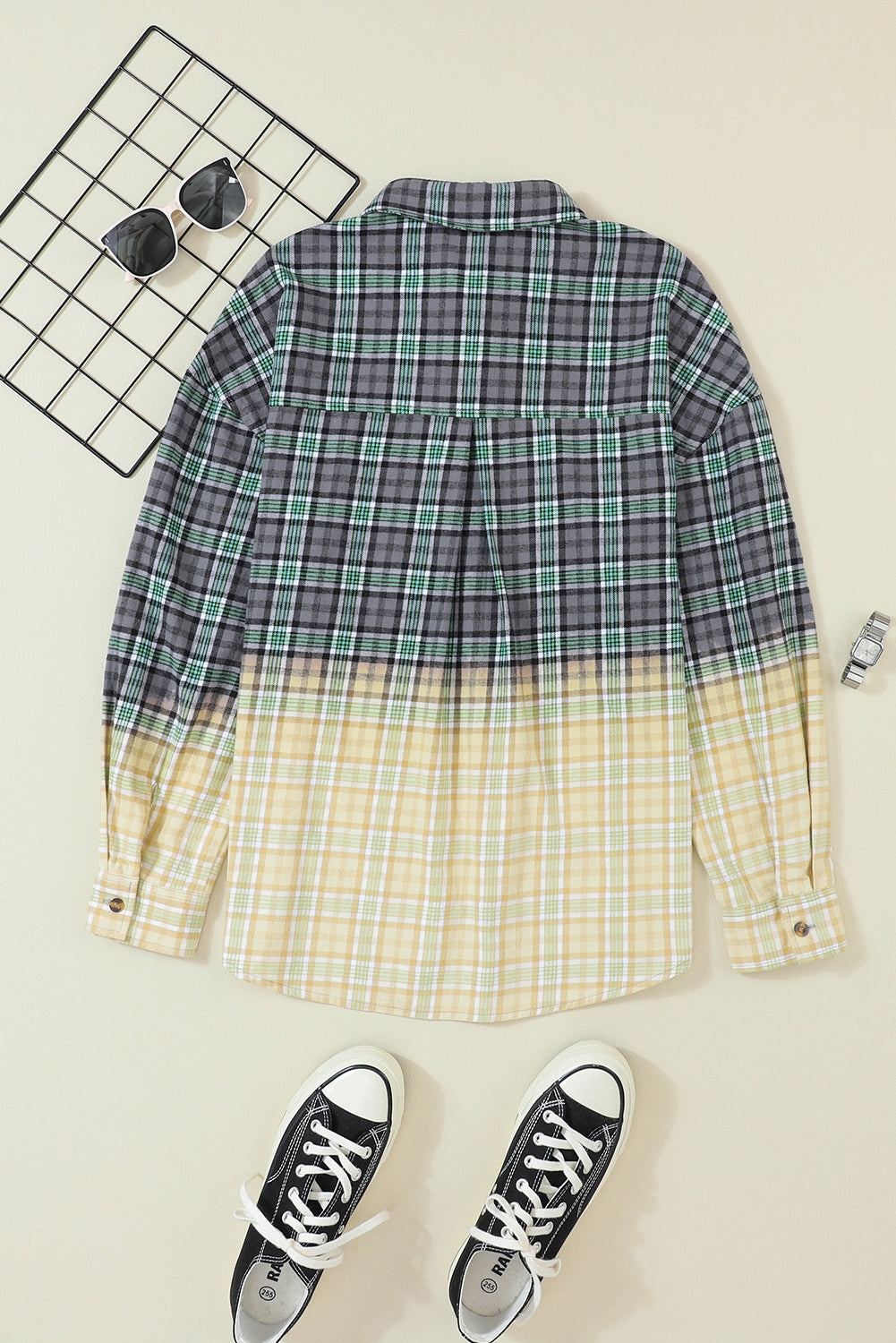 Blackish Green Contrast Plaid Patchwork Chest Pocket Button up Shacket