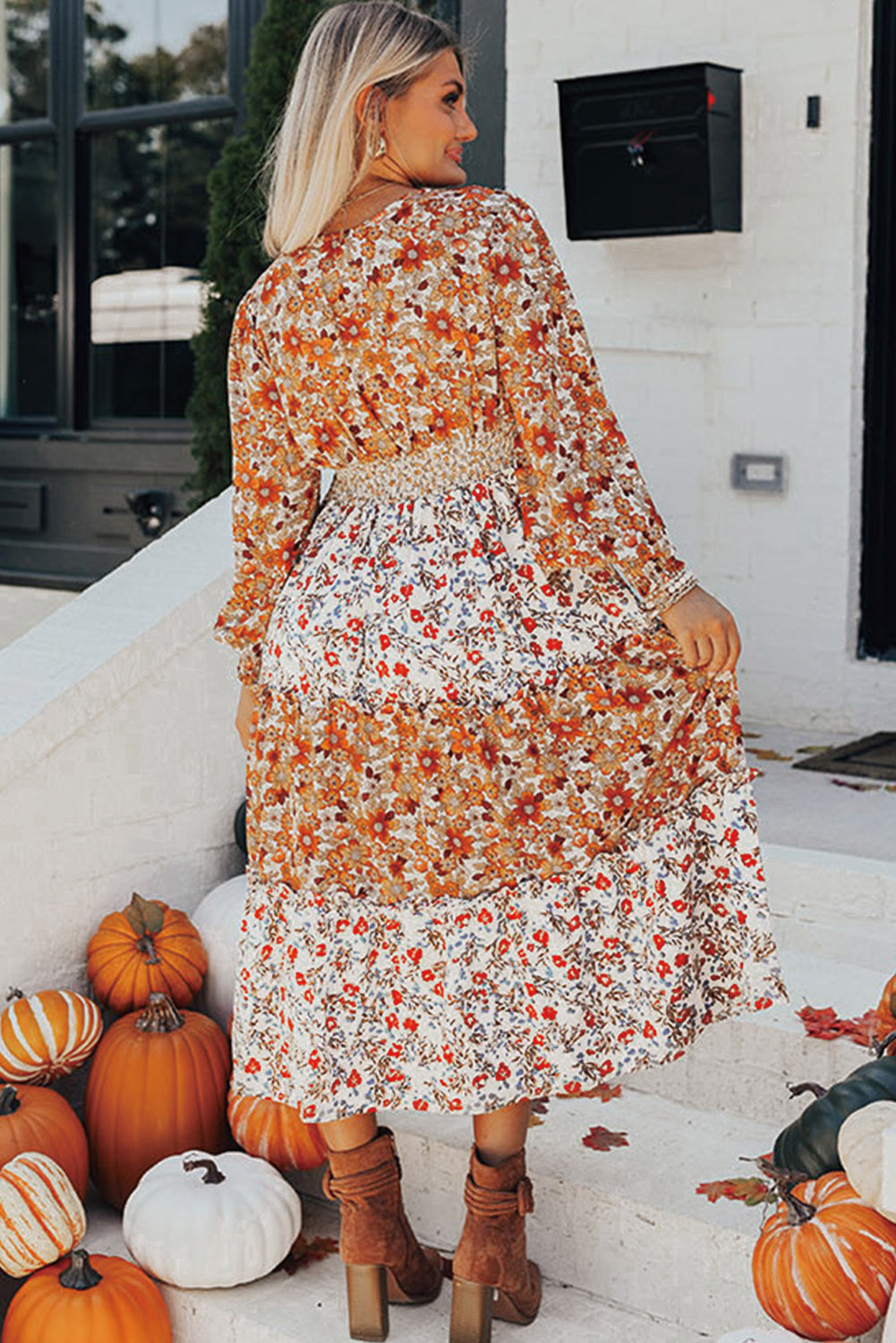 Clara Khaki Floral Print Ruffled Tiered Long Sleeve V Neck Midi Dress