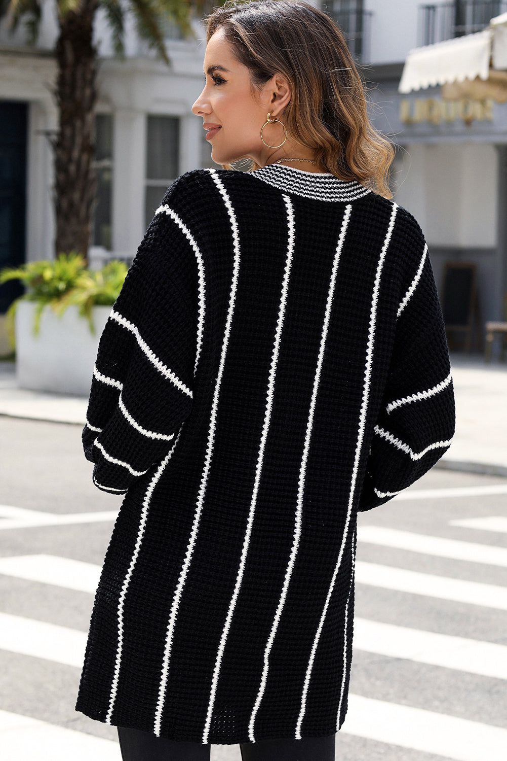 Black Colorblock Striped V Neck Knitted Loose Sweater