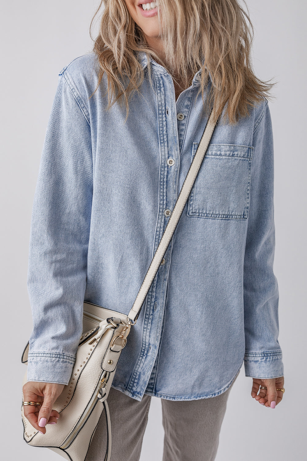 Beau Blue Long Sleeve Buttoned Chest Pocket Denim Shacket