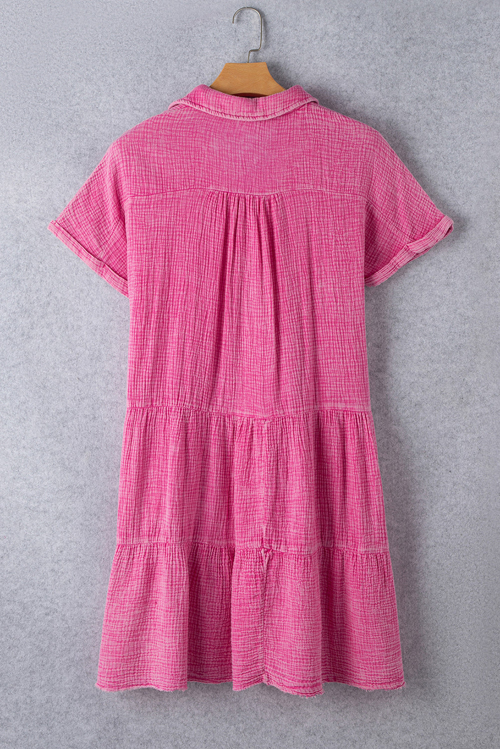 Strawberry Pink Mineral Wash Crinkle Split Neck Raw Hem Tiered Dress