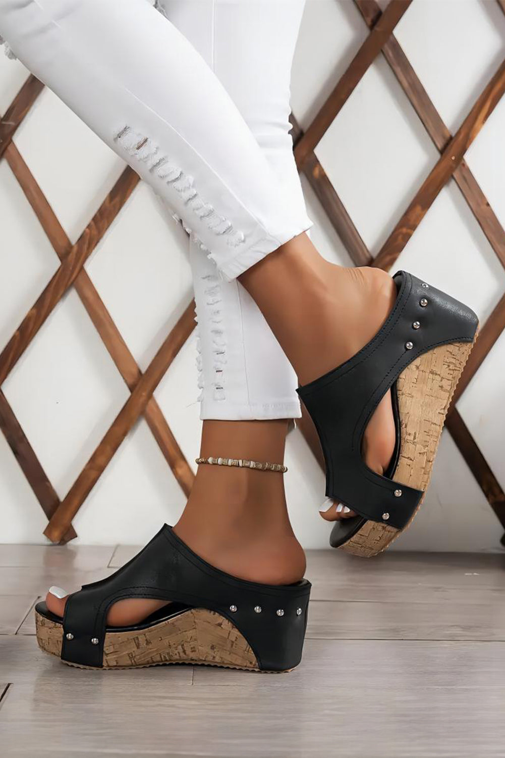 Black Hollow Out Studded PU Leather Wedge Sandals