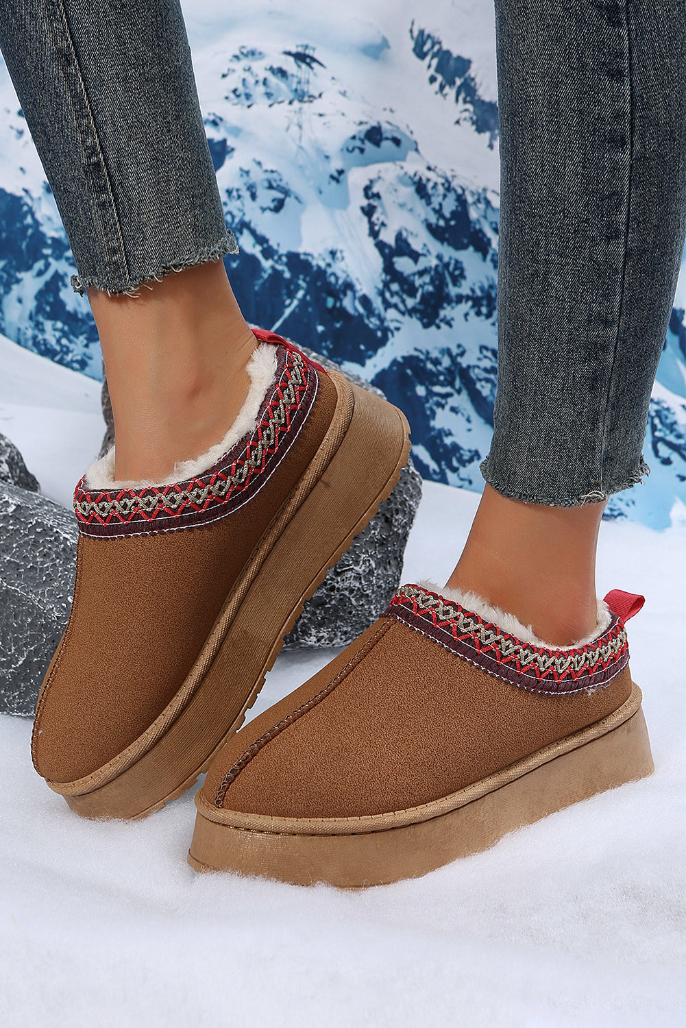 Chestnut Contrast Print Suede Snow Boots