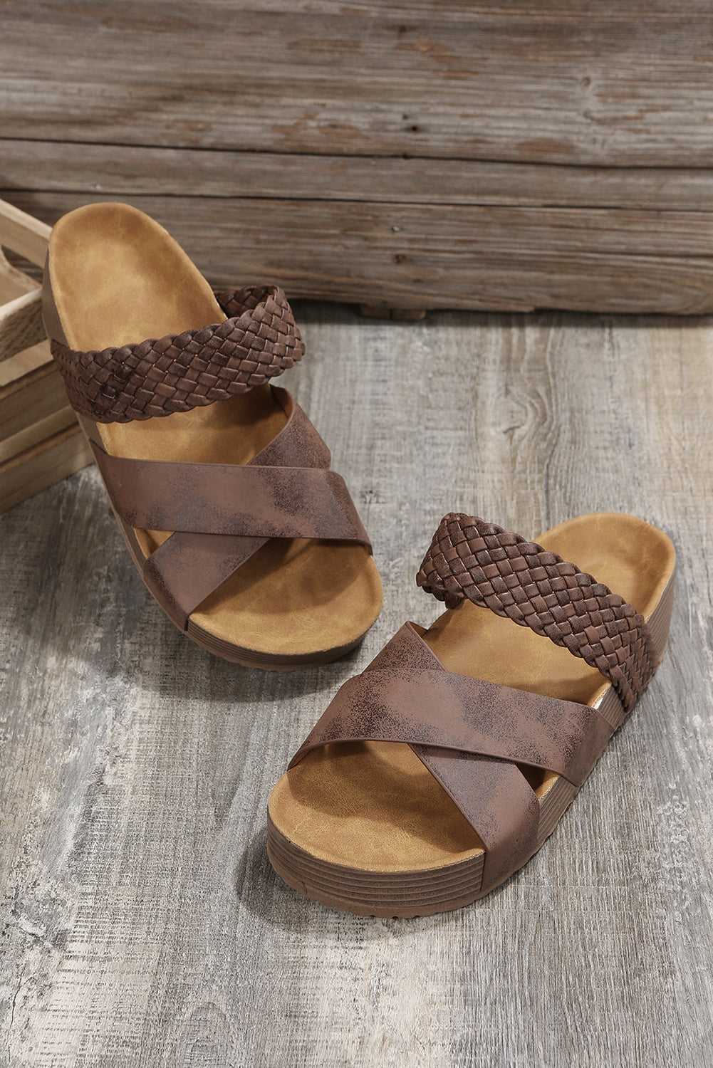 Brown Braided Detail Criss Cross Platform Sandals