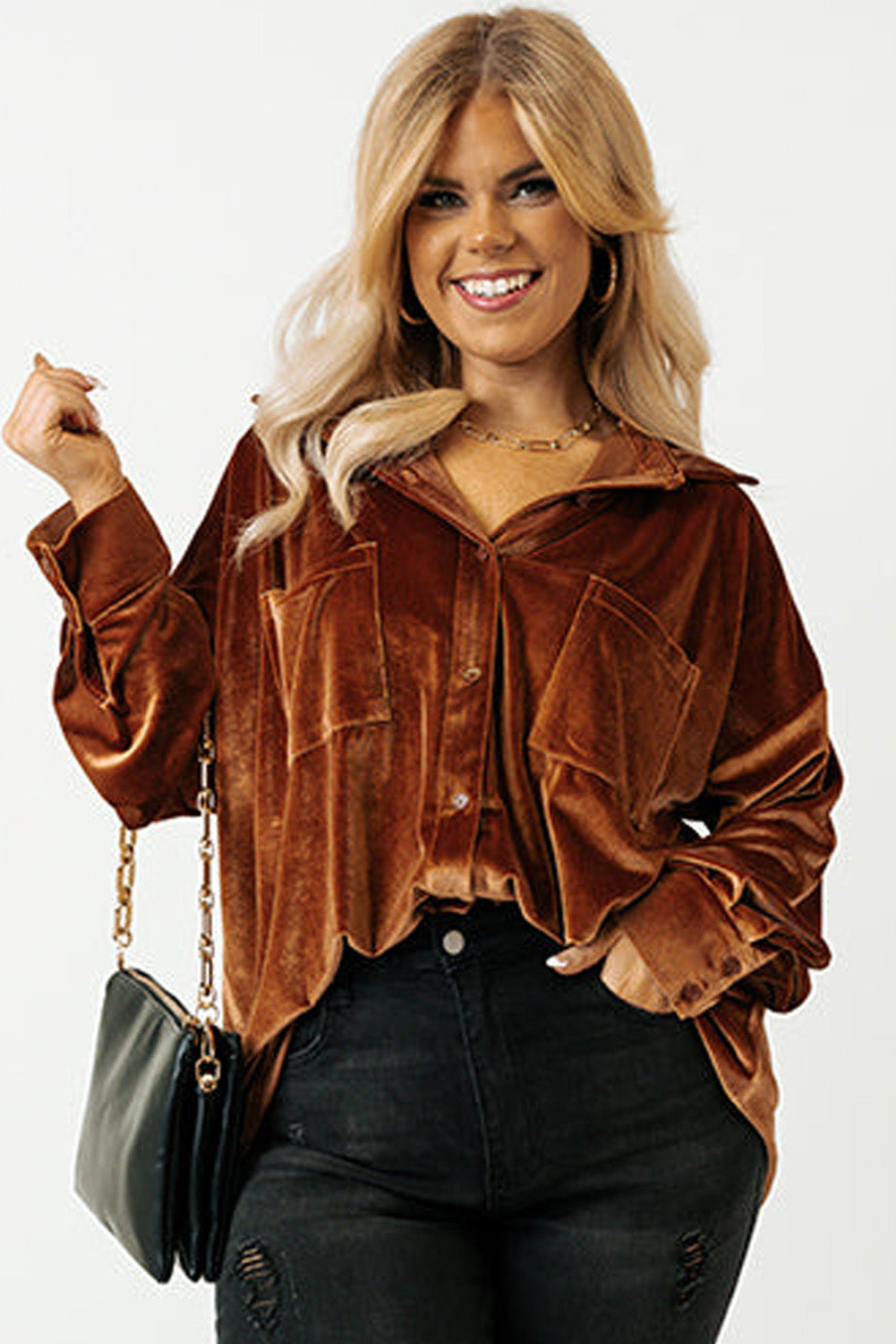 Chestnut Plus Size Velvet Chest Pocket Drop Shoulder Shirt